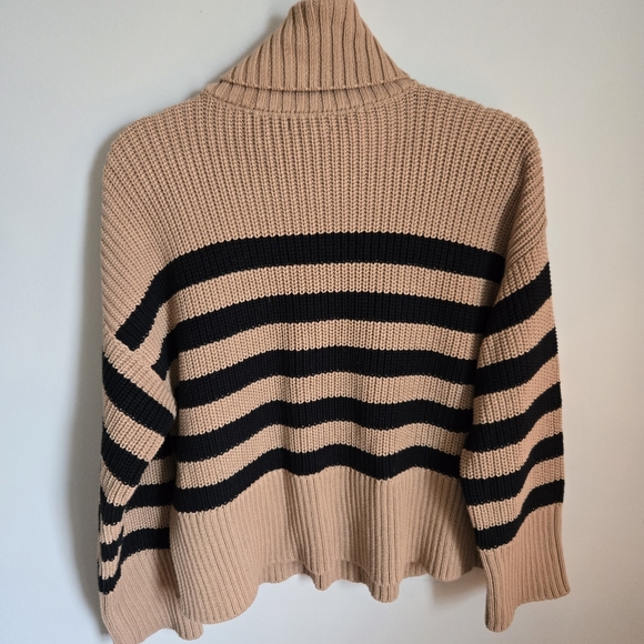 Quince Striped Cotton Chunky Sweater Sz M Medium Turtleneck Bell Wide Sleeve - Picture 10 of 11